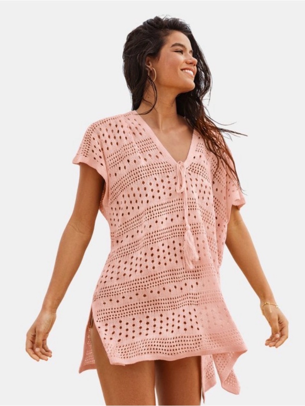 Cupshe Blush Pink Crochet Swim Cover-Up Tunic with Tassel Tie